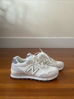 New Balance White & Light Gray Casual Sneakers with Leopard Heel